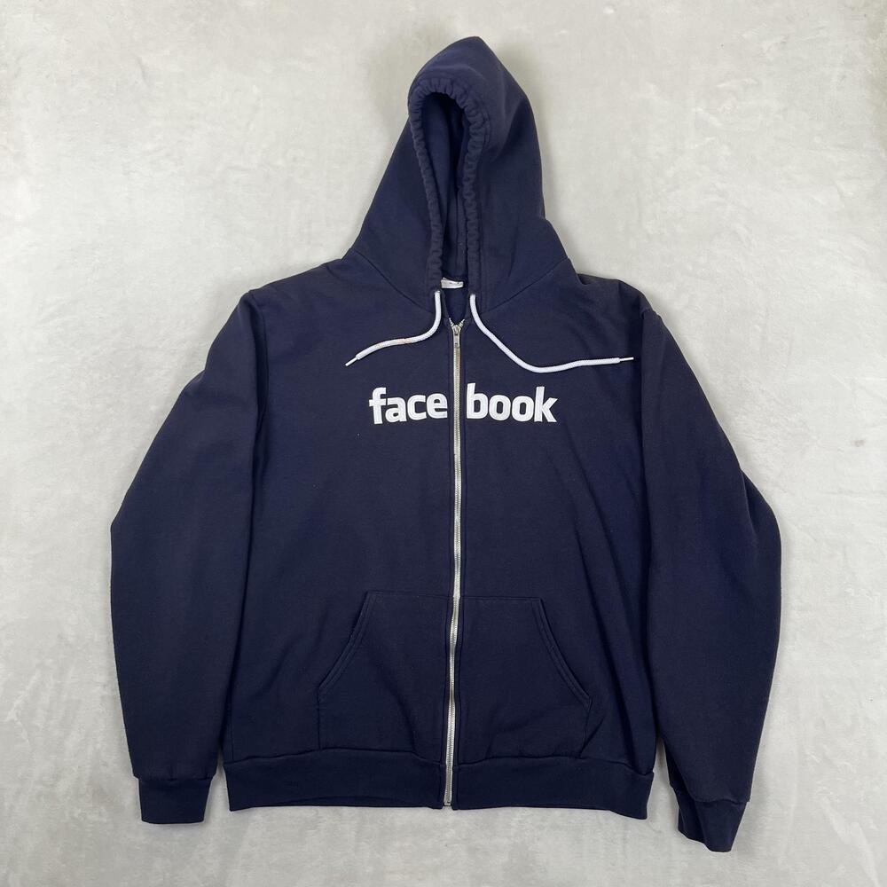 Vintage Facebook Hoodie Mens XL Blue Full Zip Sweatshirt Promo Tech Y2K
